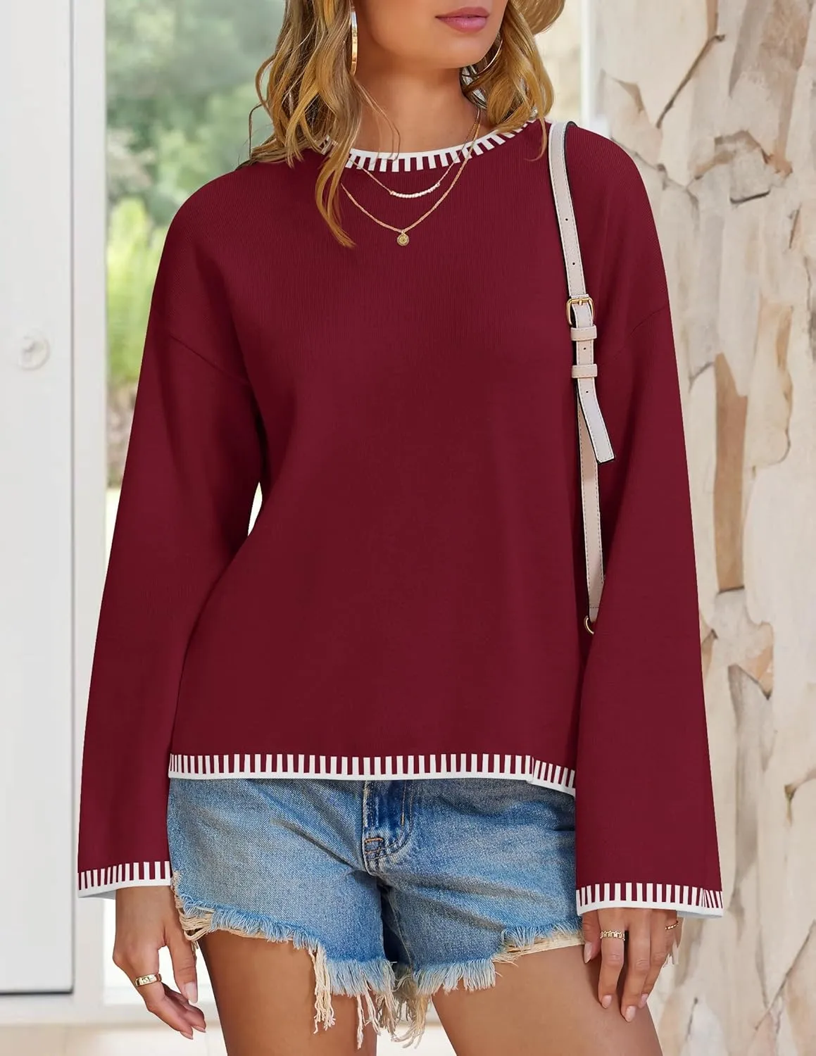 ZESICA Women's Oversized Long Sleeve Sweaters Fall Crewneck Color Block Loose Ribbed Knit Pullover Tops