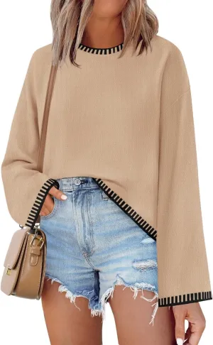 ZESICA Women's Oversized Long Sleeve Sweaters Fall Crewneck Color Block Loose Ribbed Knit Pullover Tops