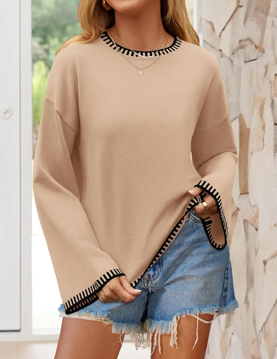 ZESICA Women's Oversized Long Sleeve Sweaters Fall Crewneck Color Block Loose Ribbed Knit Pullover Tops