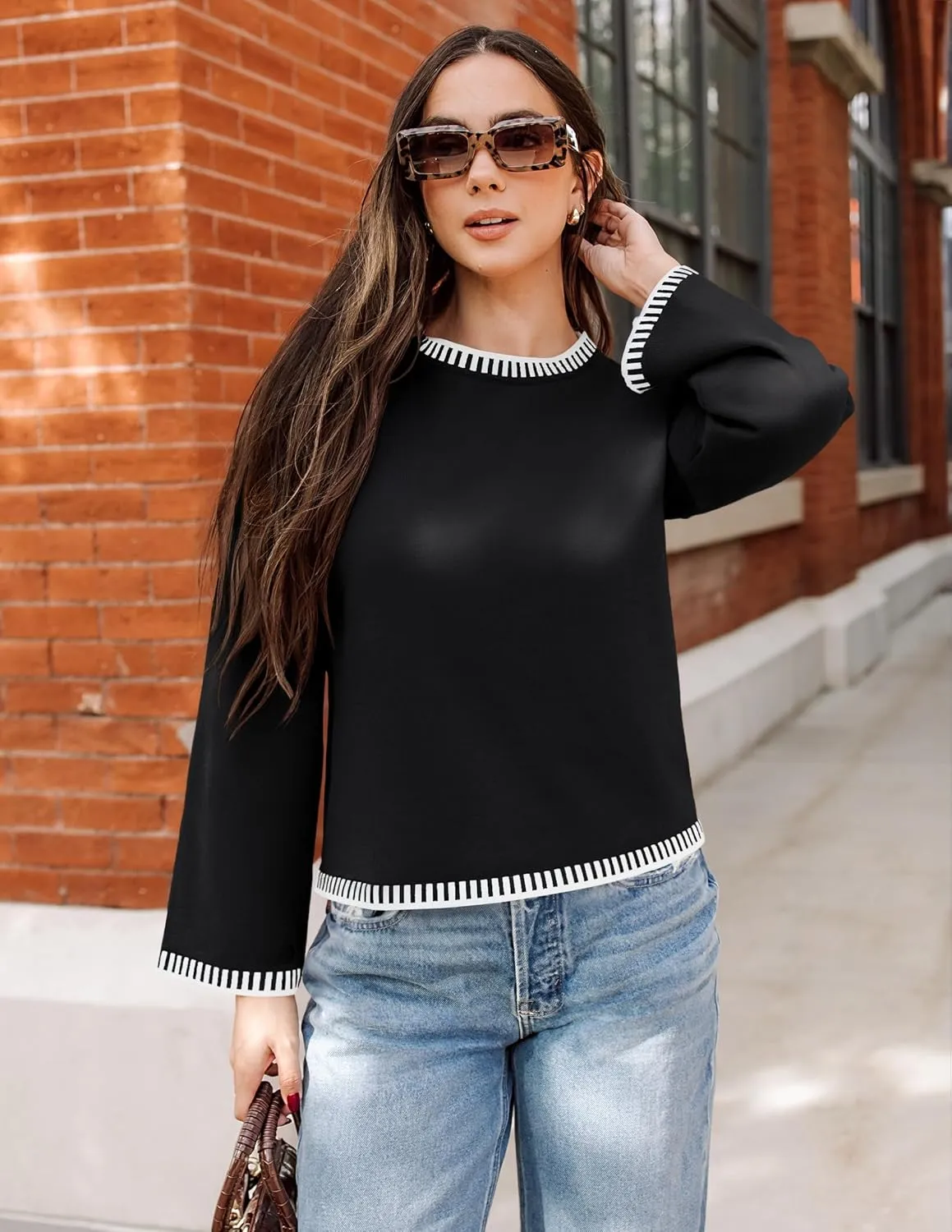 ZESICA Women's Oversized Long Sleeve Sweaters Fall Crewneck Color Block Loose Ribbed Knit Pullover Tops